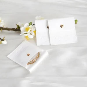 7 x 7 cm Custom Logo White Suede Microfiber Jewelry Pouch with Snap Flap and Gold Button for Earrings and Necklaces