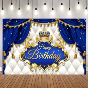 7x5ft White Blue Princess Crown Theme Birthday Party Banner Backdrop for Kids