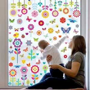 99Pcs Window Clings Flower Butterfly for Glass Windows Gel Window Clings for Kids Window Stickers for Kids Home Wi