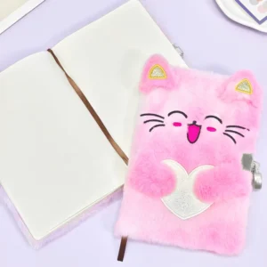 A5 Cat Embroidered Pink Plush Fur Lockable Diary