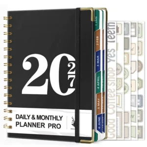 A5 Daily Planner Spiral Notebook English Spanish Monthly Tabs Custom Stickers Laserable Leatherette