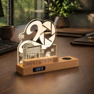 Acrylic Night Light Calendar Blocks Digital Clock Qi Charger Wood Base Illuminated Anniversary Custom Business Gift Creative