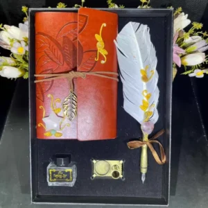 Antique Gold Leaf Feather Quill Pen Set with Handmade Leather Diary, Ink Cup, and Gift Box