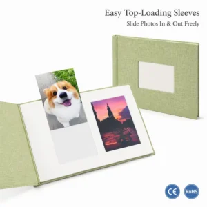 Archival Linen Photo Album, Square Window, Non-Sticky PET Sleeves, 40 Photos, 6-Inch Instant Prints