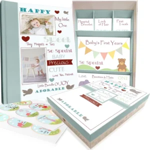 Baby Memory Book with Recycled Materials Sponge Lining Keepsake Box Milestone Stickers Gender Neutral First Year Scrapbook Album