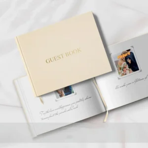 Beige Linen Hardcover Wedding Guest Book with 100 Blank Pages and Custom Gold Foiling