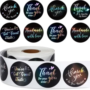 Black Art Paper Rainbow Thank You Stickers, 500pcs Roll, Round Gift Envelope Closure