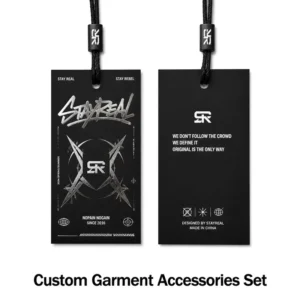 Black Card Paper Streetwear Hang Tags Custom Silver Foil UV Embossed Geometric Logo Dark Style Labels for Hip Hop Clothes