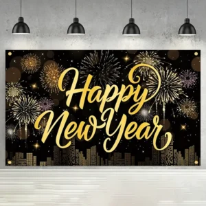 Black Gold Firework Happy New Year Backdrop City Silhouette New Year’s Eve Photo Background Banner Party Decor