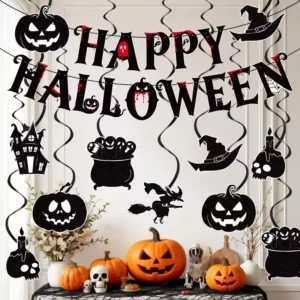 Black Spiral Bat Pumpkin Paper Banner Set for Halloween Party Wall Decor