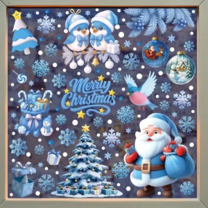Blue White Theme Cute Snowman Snowflake Santa Claus Tree PVC Glass Static Cling Sticker Merry Christmas Window Decoration
