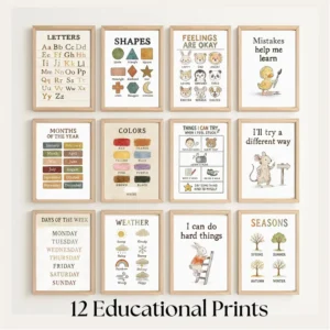Boho Educational Prints and Learning Posters for Toddlers and Preschool, 12-Piece Set