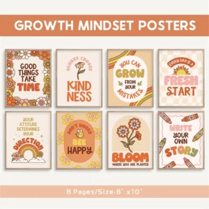 Boho Floral Growth Mindset Posters for Classroom, Homeschool, and Kids, 8-Piece Set