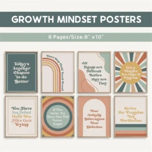 Boho Neutral Growth Mindset Prints and Positive Affirmation Wall Art, 8-Piece Set