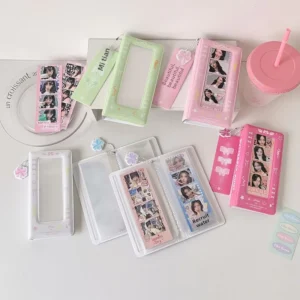 Bow Life Four-Grid Adhesive-Binding Kpop Card Book, PVC Commemorative Bill Storage, Long Strip Big Head Sticker Holders