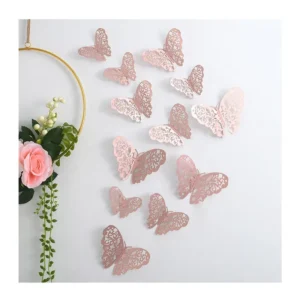 Bright Decor 12pcs Set Shiny Rose Gold Golden Silver 3D Hollow Butterfly Wall Stickers