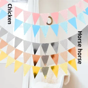 Bronzed Triangular Paper Flag Bunting, Wavy Pull-Up Banners, Hot Stamped, Birthday Party Anniversary Decorations, Gold Silver Pink