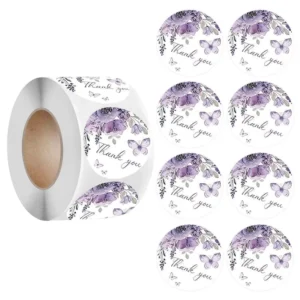 Business Thank You Paper Sticker Roll Round Purple Floral Butterfly Eco Friendly Stickers