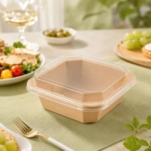 Cardboard Kraft Paper Salad Bowl Disposable Food Takeaway Container with Clear PET Lid for Sushi, Jelly, and Lunch