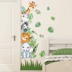 Cartoon Animal Jungle Wallpaper Stickers with Giraffe Lion Elephant for Doors and Walls