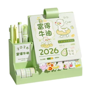 Cartoon Desk Calendar With Pen Container Small Ornaments Clock