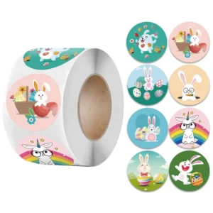 Cartoon Easter Sticker Roll Eco-Friendly Round Multi-Design Bunny Stickers for Gift Wrapping Decor