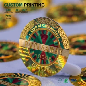 Cat Club Emblem Stickers Holographic Gold Waterproof Die-Cut for Shows and Events
