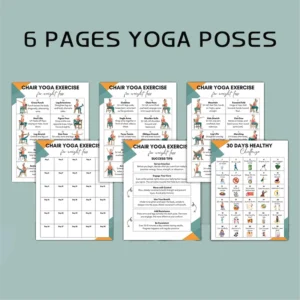 Chair Yoga Exercise Printable Kit for Weight Loss 6 Pages Seated Yoga Poses & 30-Day Healthy Challenge (6-Piece Set)