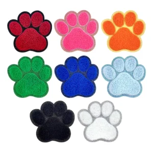 Chenille Paw Print Patch with Glitter Border Embroidered Dog Cat Footprint Badge for Trucker Hats DIY