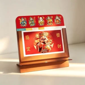 Chinese God of Wealth Acrylic Desk Calendar, Custom Logo, Festive Red Cover