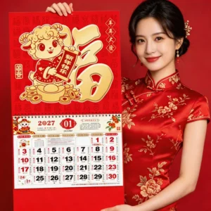 Chinese New Year Goat Cute Cartoon Lucky Fu 28-Page Thick Cardboard Wall Calendar