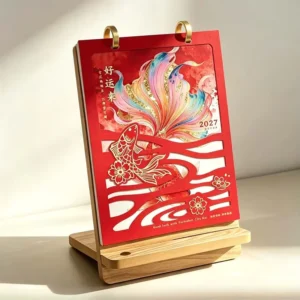 Chinese Style Wooden Desk Calendar, Custom Logo, Traditional Painting Design, Wooden Base