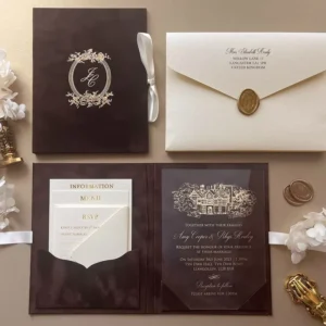 Chocolate Brown Venue Velvet Folio Embossed Gold Monogram Acrylic Wedding Invitations Card with Envelope
