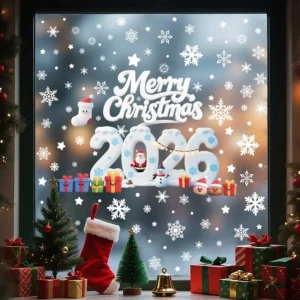 Christmas 3D Waterproof Window Stickers Festive Home Office Decor 4 Pieces Cartoon Design