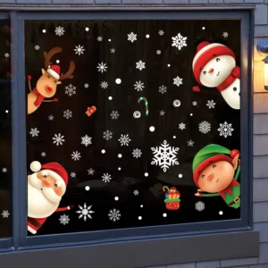 Christmas Cartoon Static PVC Window Stickers Santa Snowman Reindeer Elf Snowflake Waterproof UV Resistant Removable