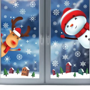 Christmas Elk Water Resistant UV Printed Static Window Stickers for Glass and Door Decoration