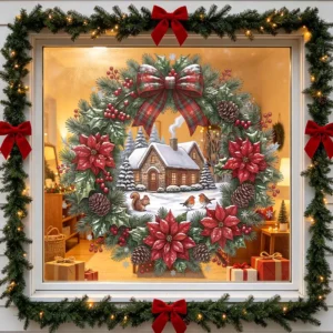 Christmas Floral Motif Static Cling Adhesive Backing PVC Door Window Stickers 30x30cm Berries Bows Pine Cones Home Decorations