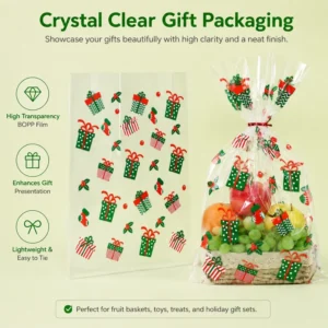 Christmas Gift Bags, Clear BOPP Poly, Durable Heat-Seal, Silk-Screen Printed, Food Grade