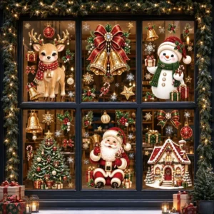 Christmas Glass Window Stickers, Snowman, Bell, Reindeer and Tree Designs, Static Cling Decals