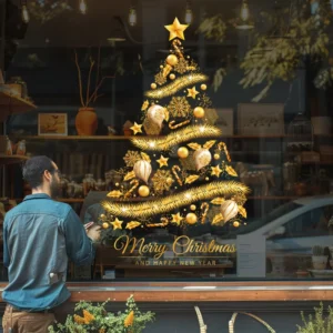 Christmas Golden Tree and Snowflake Glass PVC Stickers Modern Minimalist Static Cling Window Decorations