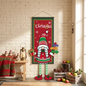 Christmas Hanging Fabric Poster Banner with Santa Snowman Wall Decor