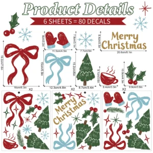 Christmas Home Wall Decor Stickers, Red and Blue Bow and Snowflake, Waterproof UV-Resistant Self-Adhesive Vinyl Decals