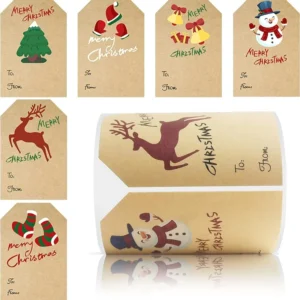Christmas Kraft Paper Self-Adhesive Gift Tag Sticker Roll 6 Designs Holiday Gift Wrapping Labels 250 PCS/Roll