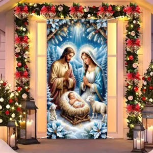 Christmas Nativity Scene Hanging Banner Polyester Indoor Wall Porch Party Decoration