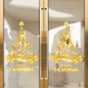 Christmas Ornaments Golden Star Ribbon Static Cling Stickers PVC Cartoon Christmas Party Supplies Bows Window Decals Tree