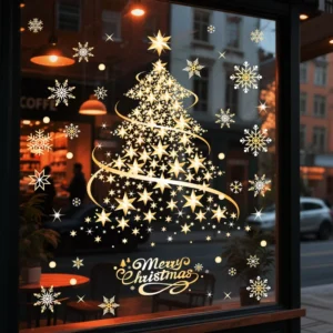 Christmas Scene Gold Holographic Vinyl Waterproof Die-Cut PVC Window Stickers Set