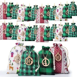 Christmas Snowflake Plaid Cotton Hanging Drawstring Cloth Bag Set for Candy Gift Packaging Advent Calendar Rectangular Shape
