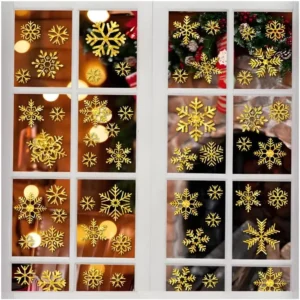 Christmas Static Cling PVC Window Stickers, 9 Sheets, Reusable Glitter Gold and Silver Decals