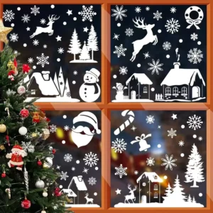 Christmas Static Cling Window Stickers 9 Sheets Santa Snowflake Pattern Reusable Glass Decals for Shop Home Office Decoration