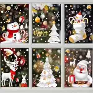 Christmas Static Cling Window Stickers Santa Claus Snowman Tree Reusable No Glue Xmas Glass Decals for Home Shop Decoration
